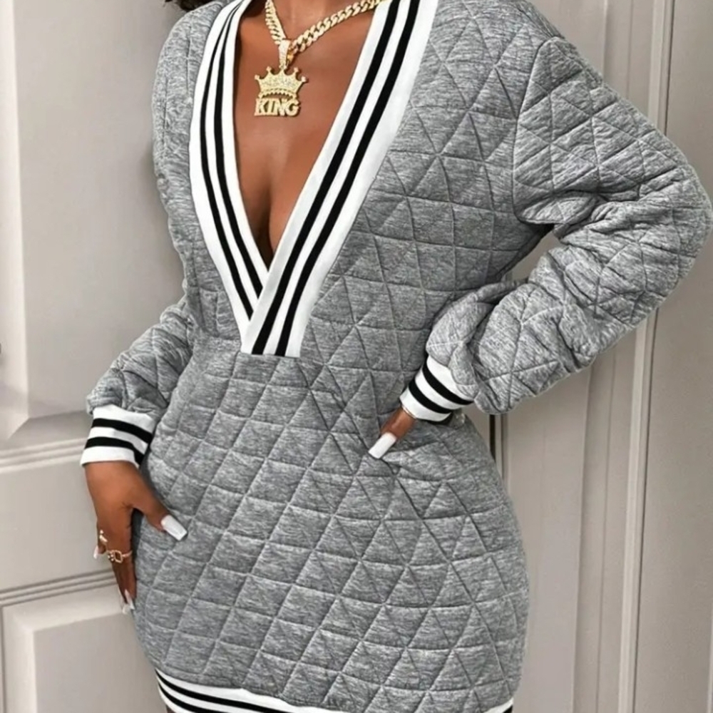 Gray Quilted V-Neck Sporty Dress NEW!